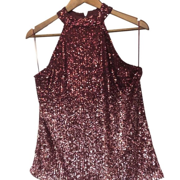 Cable & Gauge Size M All Over Sequins Eggplant Maroon Halter Neck Keyhole Top. - Picture 1 of 9